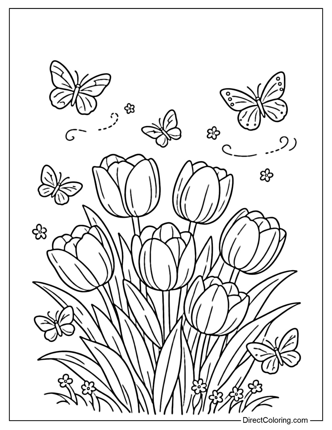 A coloring page of tulips with little butterflies flying around, bringing a gentle spring feeling.