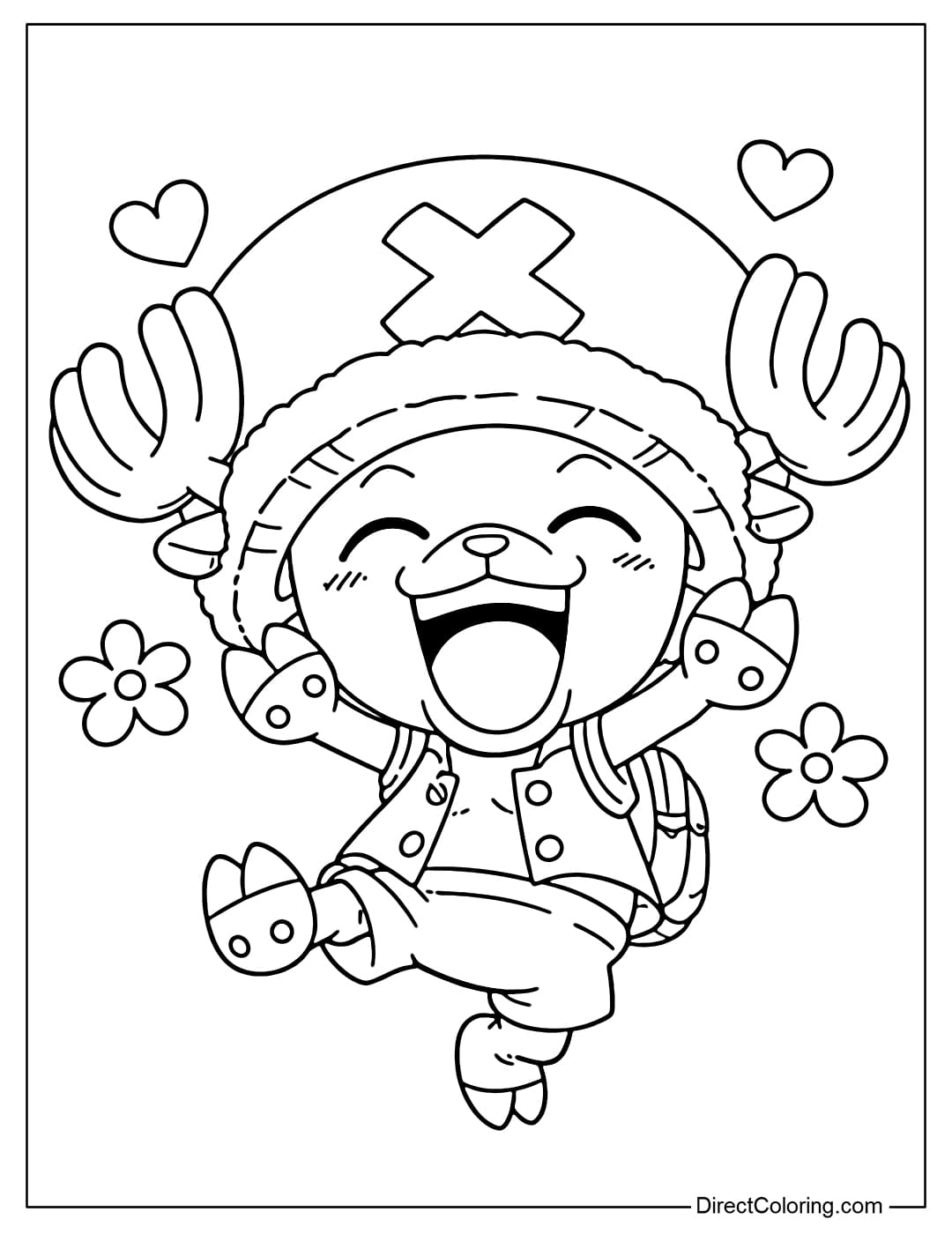 Chopper is jumping up in the air, arms raised high, eyes closed, and laughing heartily.