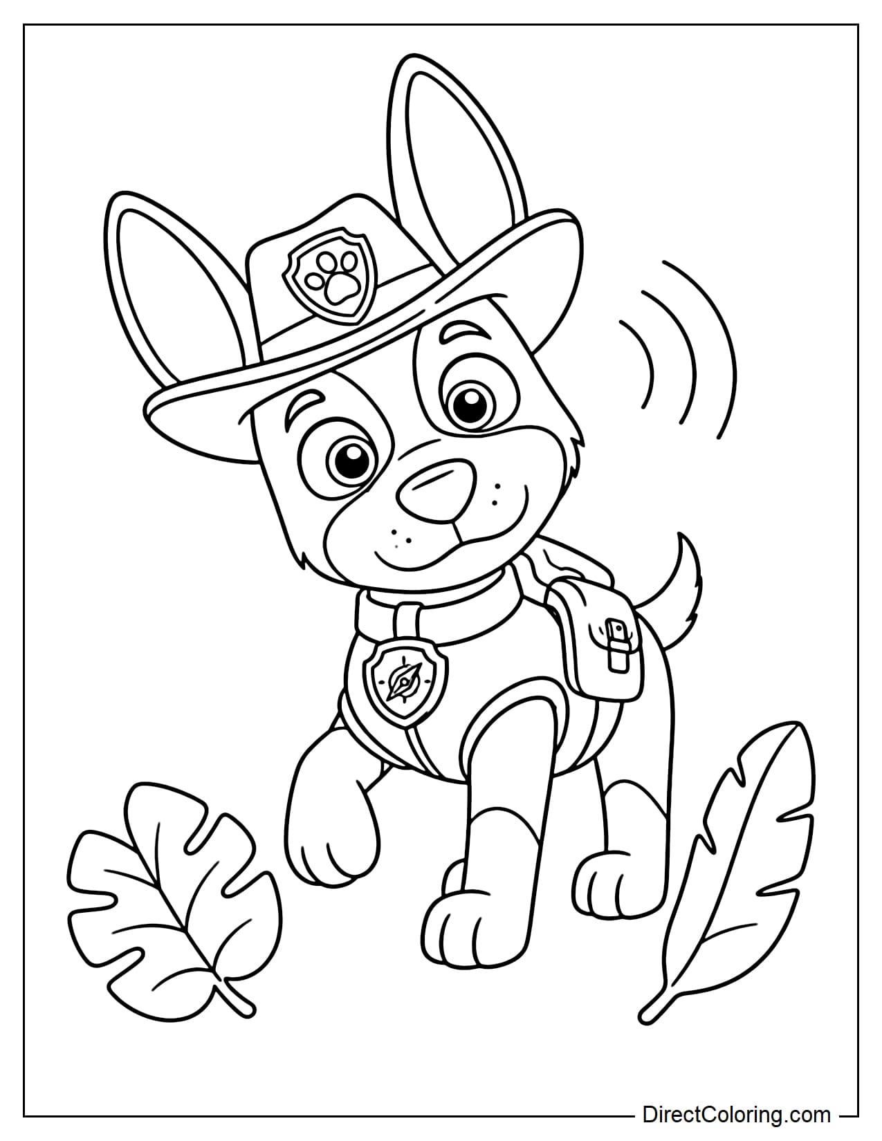 Tracker tilts his head to listen with his big ears, one front paw slightly raised, with two large jungle leaves beside him.