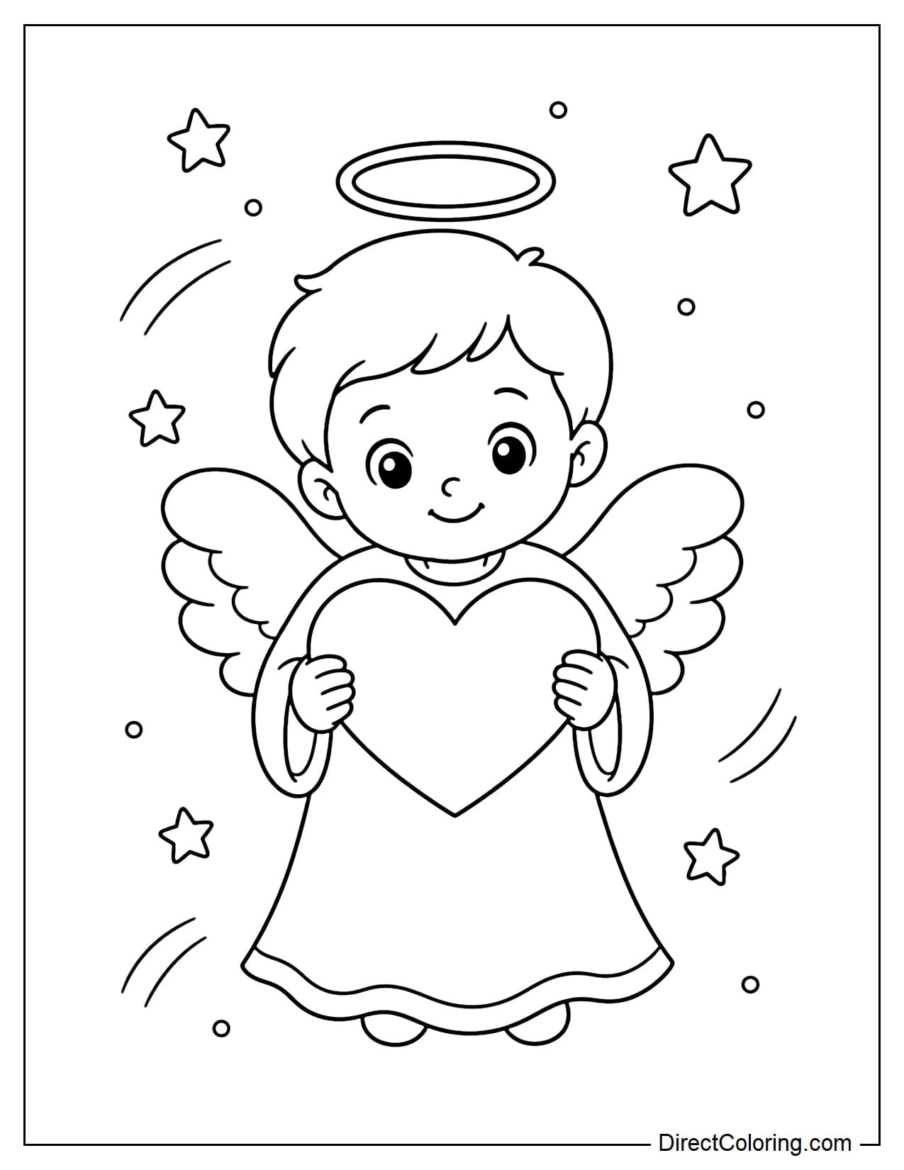 A cute, short-haired angel holds a large heart against their chest, surrounded by scattered stars.