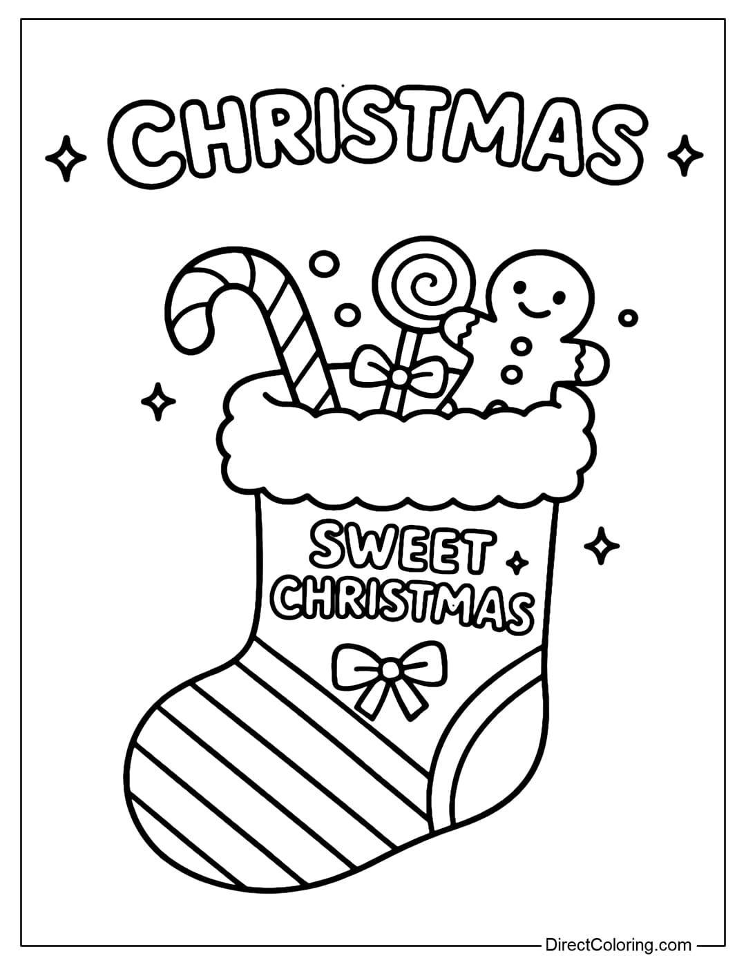A stocking with a tall, curved shape, with an open mouth, and a candy cane, a round candy cane, and a gingerbread man protruding from it. It says Sweet Christmas.