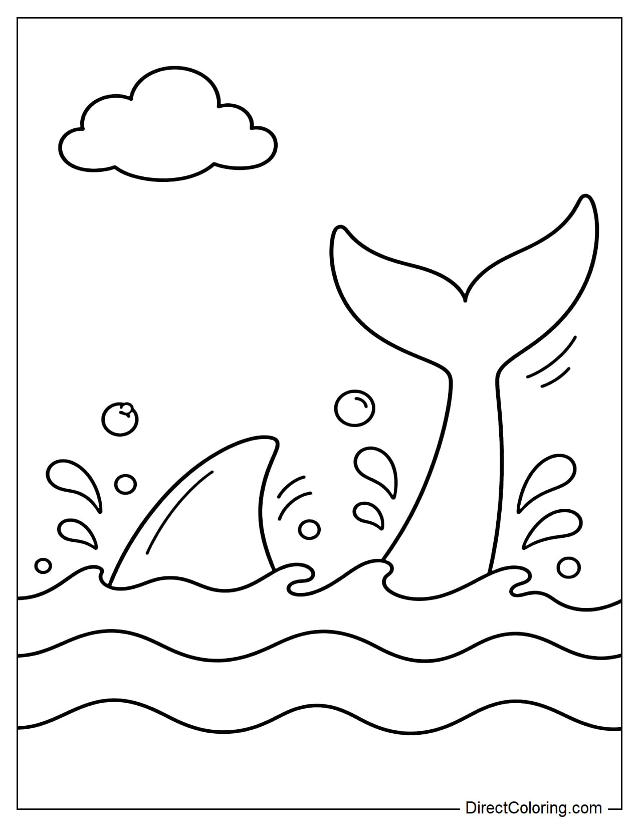 The surface of the sea with the shark's dorsal fin and tail floating above the water, large curved waves, and a few bubbles rising around it.