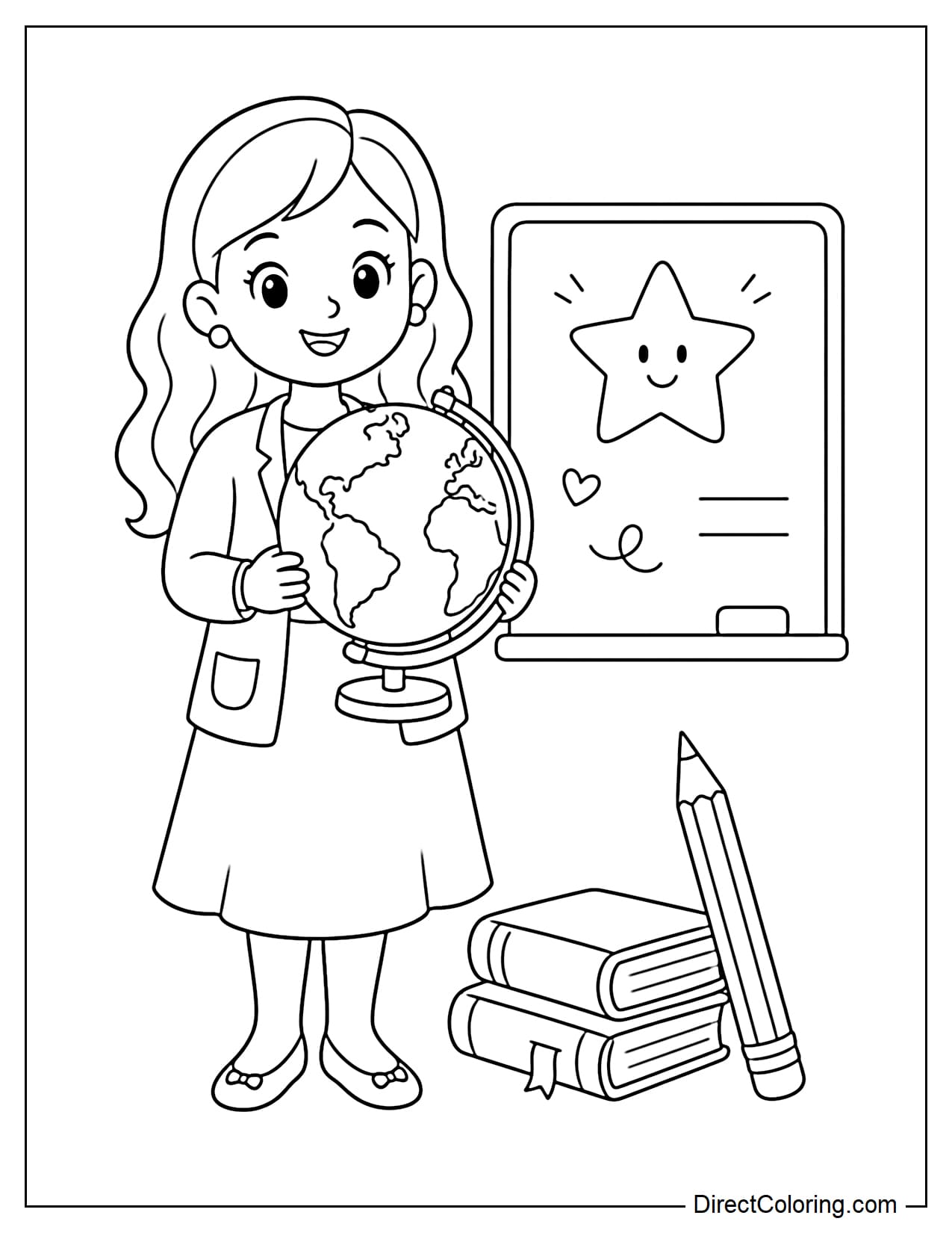 A female teacher is smiling while holding a large globe, standing next to a small board with a star on it. Nearby are two books and a large pencil.