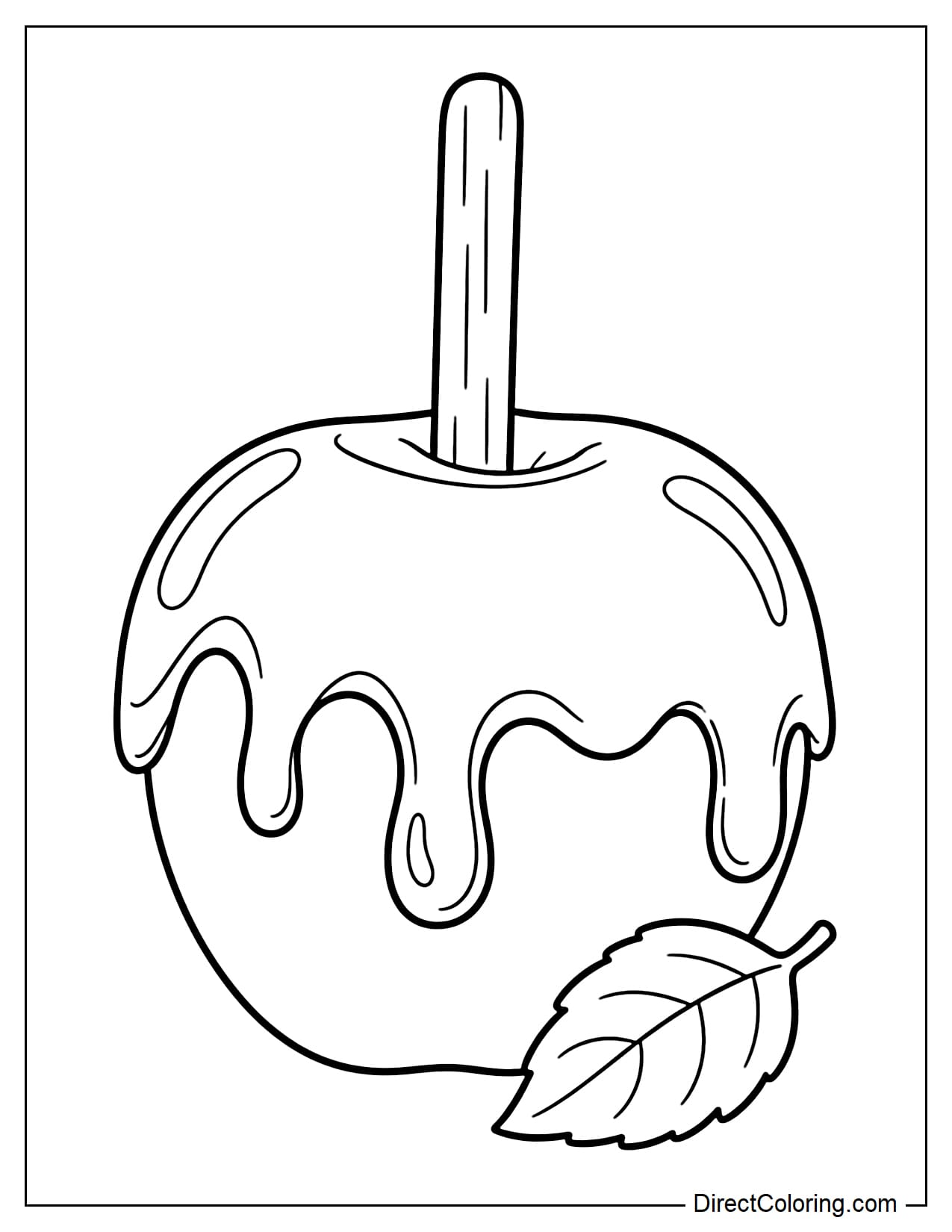 A large caramel apple on a wooden stick, with caramel covering the top and dripping down in simple rounded shapes.