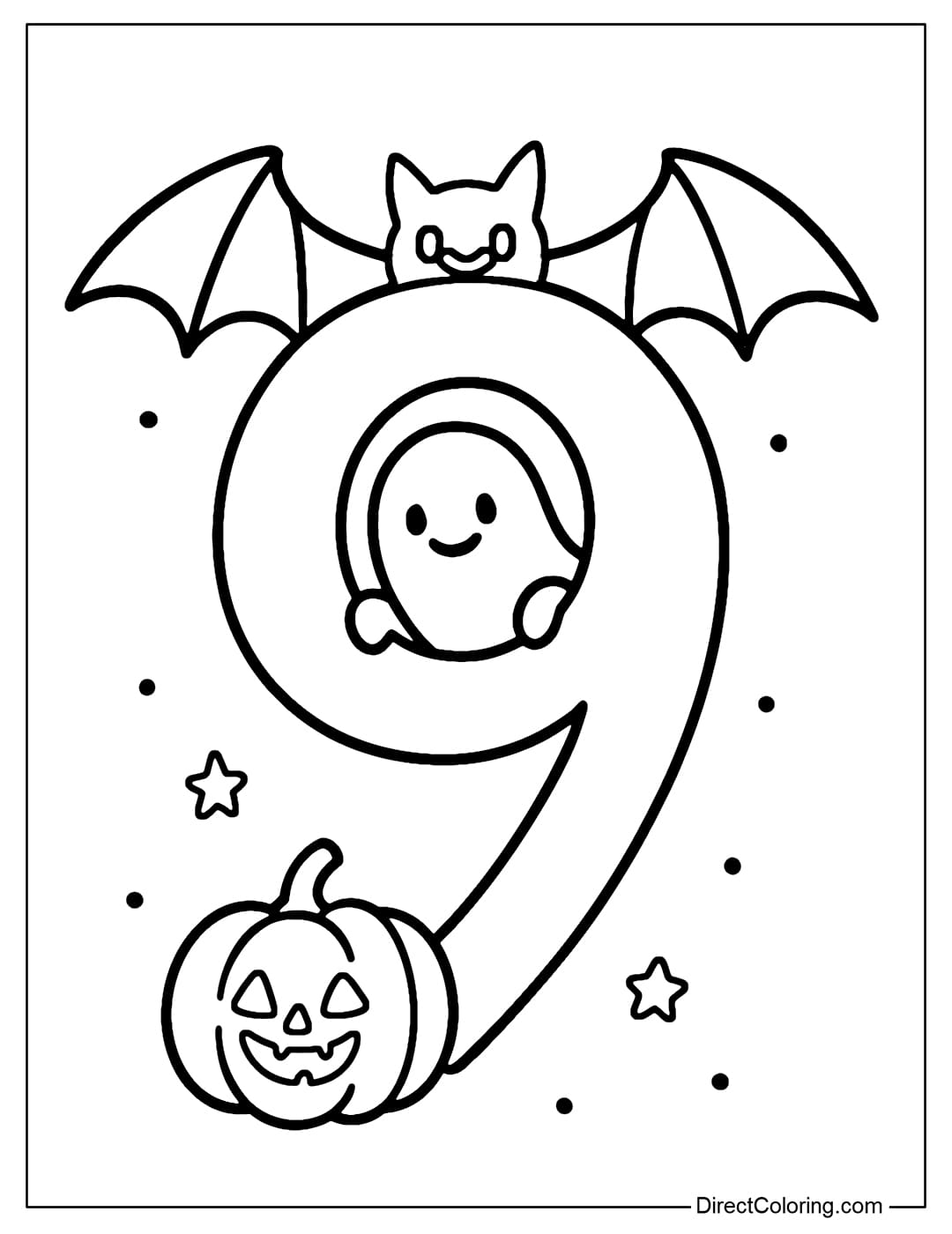 The Halloween number 9 coloring page is decorated with bat wings, inside the circle is a small ghost, at the foot of the number is a mini pumpkin.