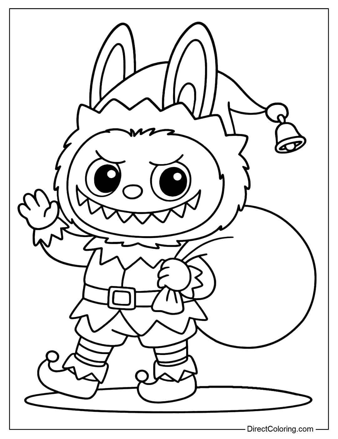 Coloring page of Labubu dressed as an Elf, wearing a small bell hat, holding a giant bag of gifts.