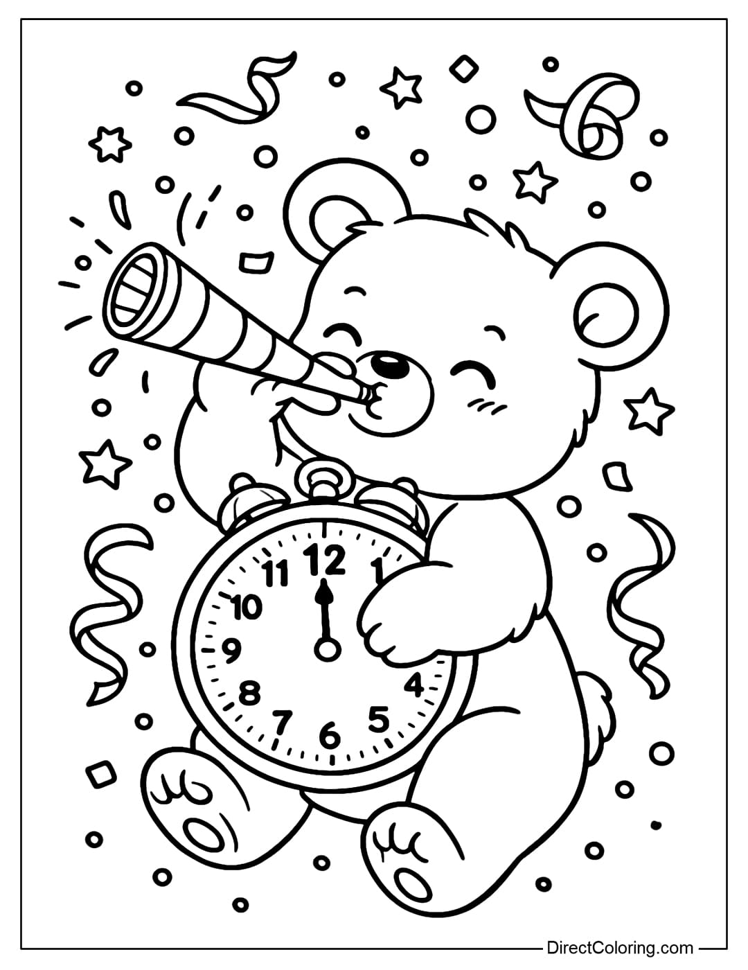 A coloring page of a bear hugging a clock that strikes 12 and blows the New Year's trumpet.