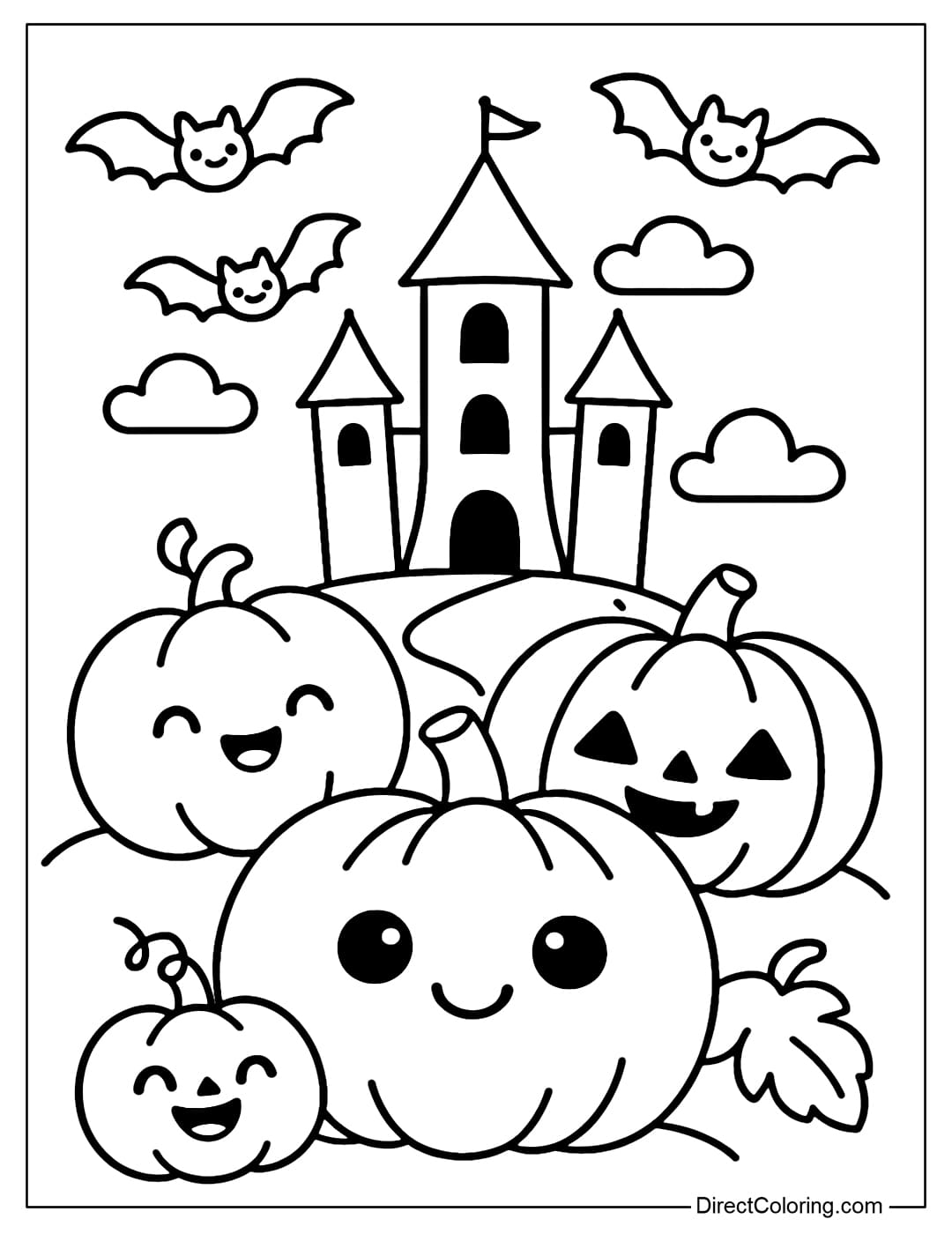 A group of Halloween pumpkin lanterns with various expressions, behind is a spooky castle and a flock of bats flying.