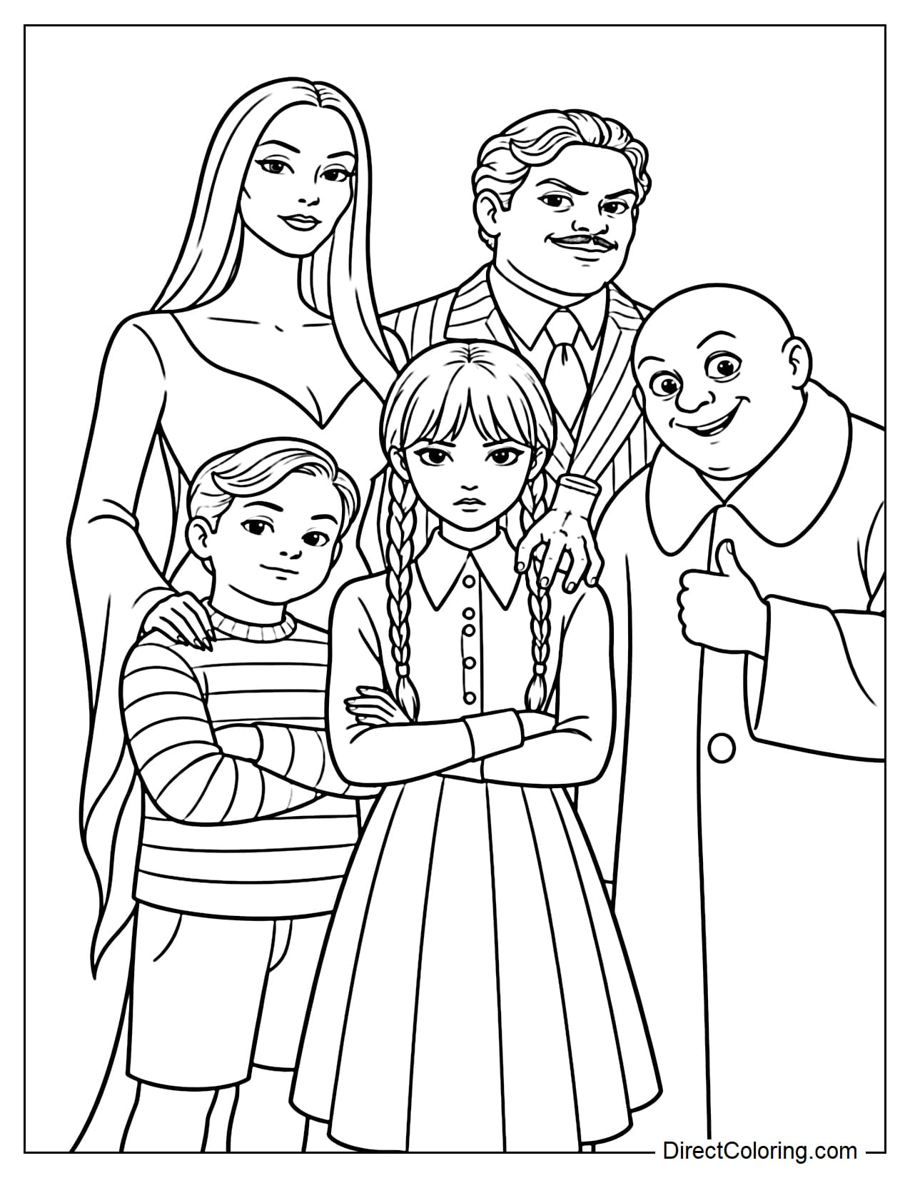 Wednesday stands together with the Addams Family, positioned in the center with Pugsley and Uncle Fester beside her. Morticia and Gomez stand behind them, while Thing clings to Wednesday's shoulder.