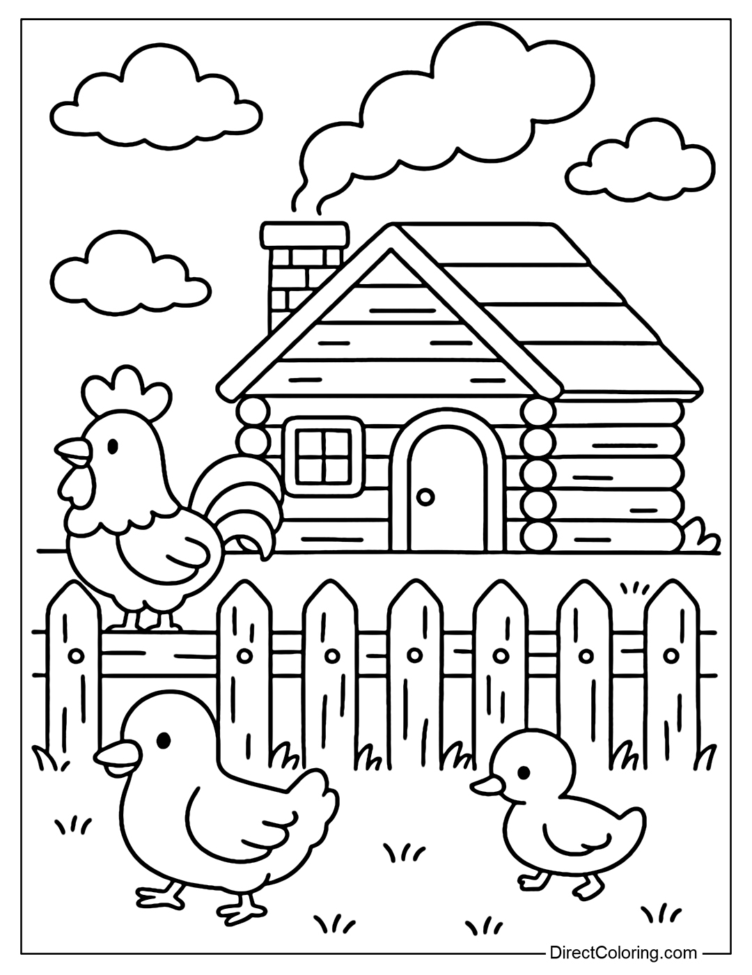 A fence coloring page around a small wooden house, smoke rising from the kitchen, a rooster and a duckling walking around the yard.