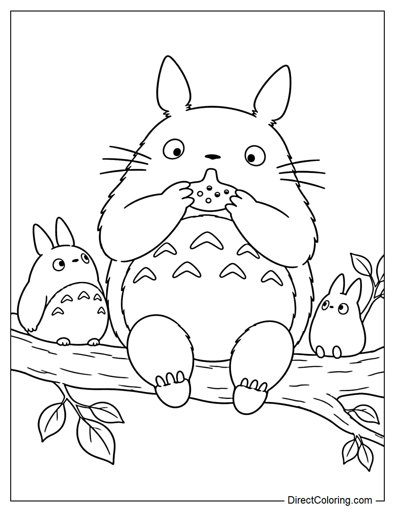 Totoro sits on a large tree branch playing an ocarina with both hands, while two small Totoros sit beside him and listen.