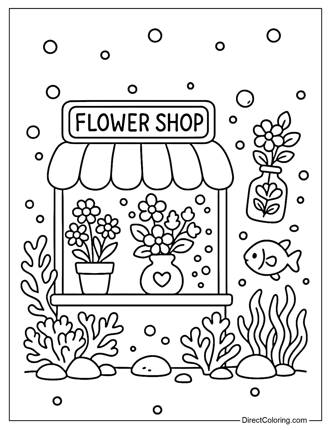 Underwater flower shop coloring page with coral, air bubbles, curious little fish, floating vase