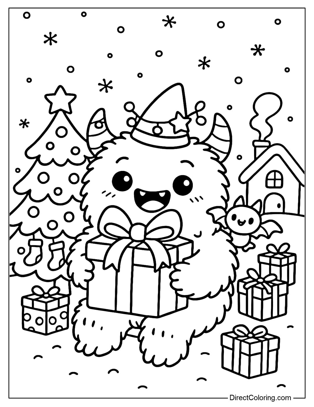 A fat round monster coloring page holding a large gift box tied with a big bow, next to a Christmas tree, surrounded by many other small gift boxes.