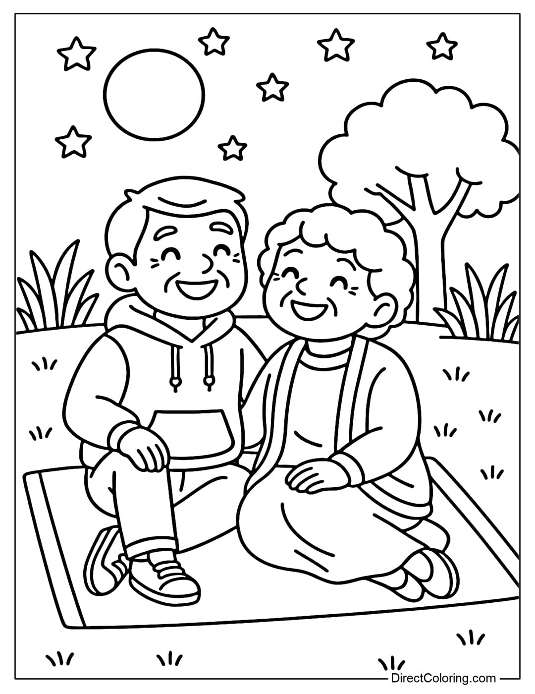 Grandparents sitting on the grass, looking at the starry sky and the bright moon.