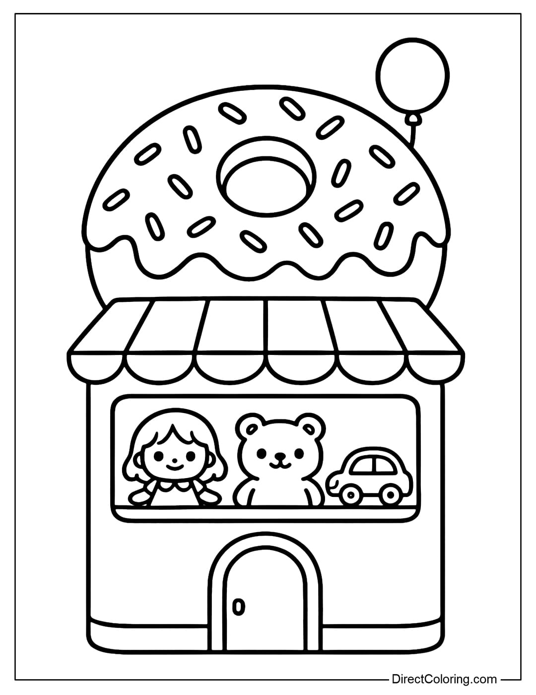 Donut Toy Shop Coloring Page A large donut toy shop coloring page, with a round hole on the roof, covered with cream and sprinkled with candy.