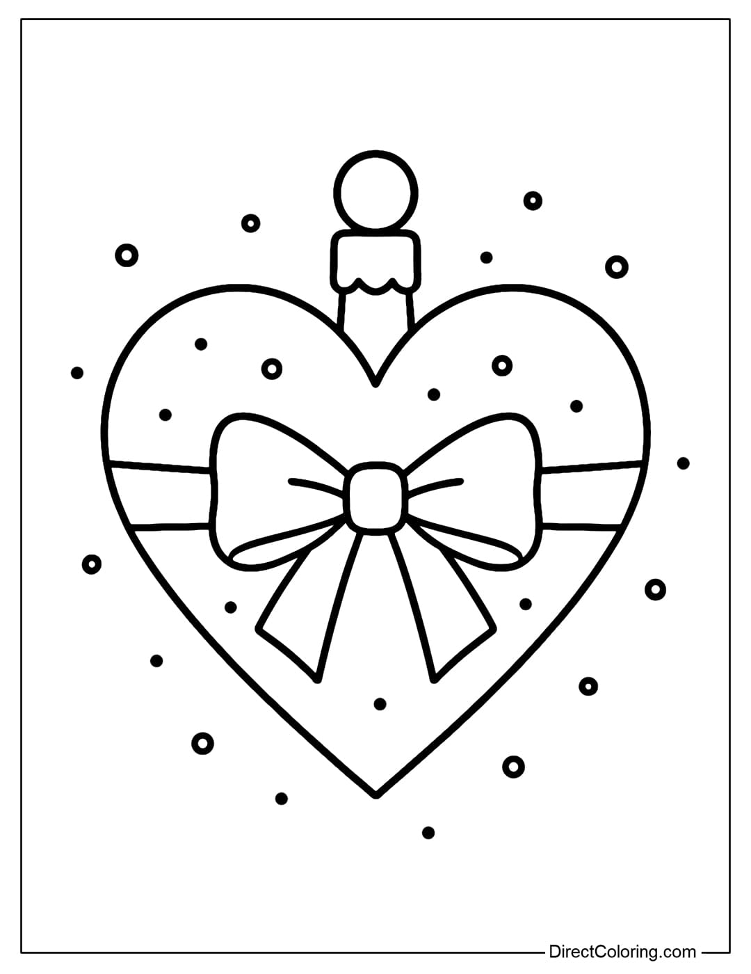 Christmas bauble coloring page wrapped with heart-shaped ribbon. Soft ribbon around the ball.