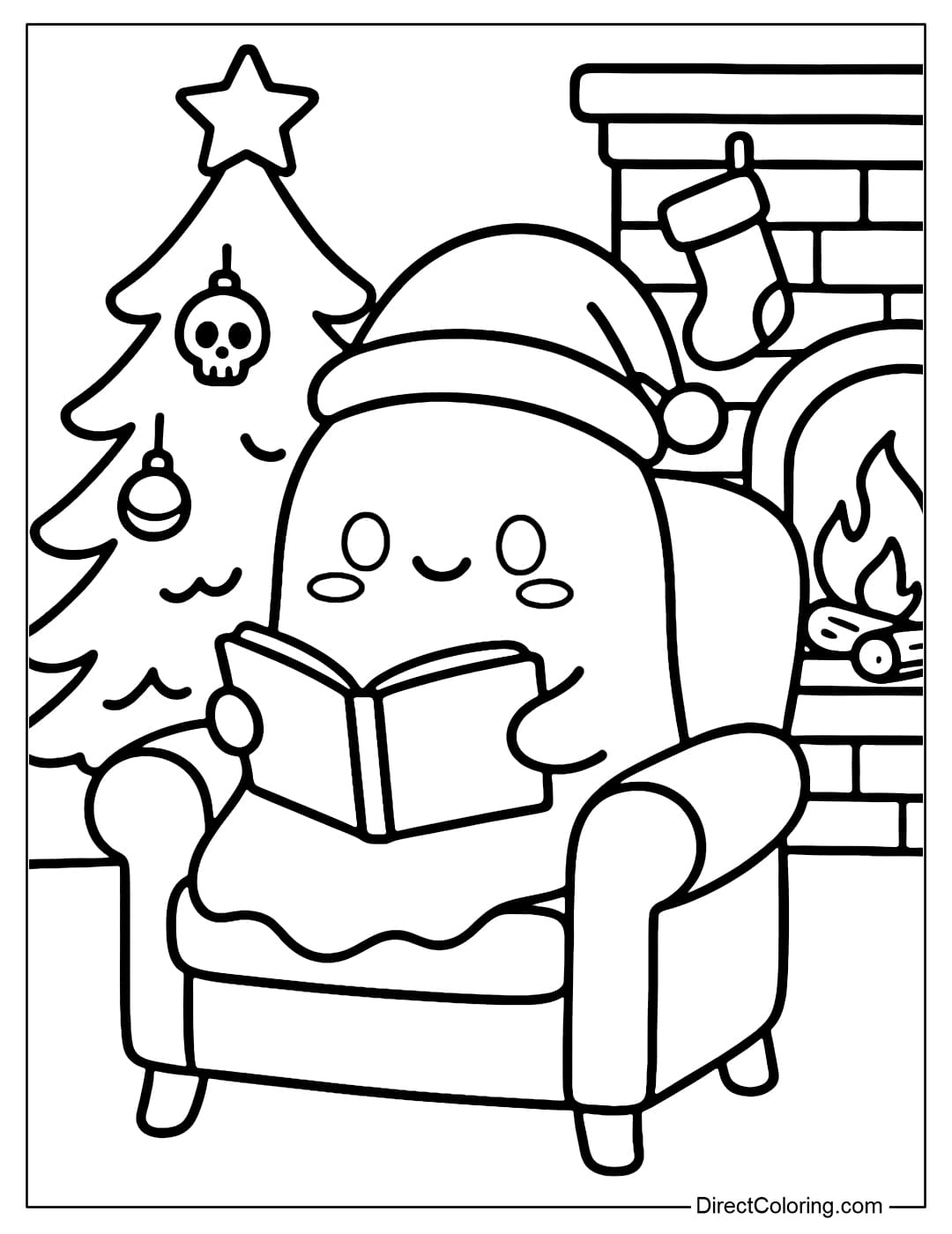 A little ghost wearing a Santa hat sitting on a chair reading a book in front of the fireplace, next to a pine tree with a hanging skull and a cute little Christmas stocking.