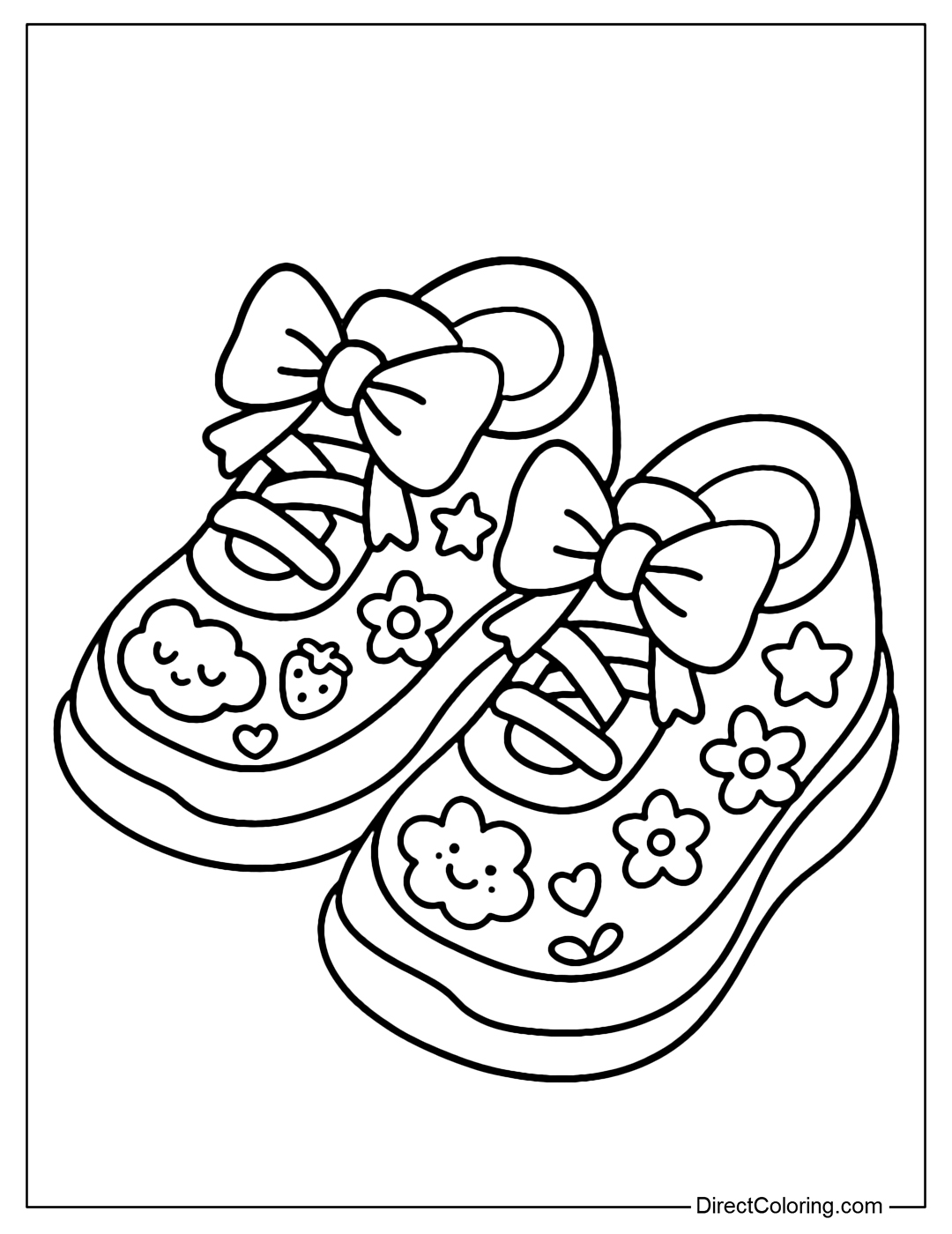 Coloring page of your child's favorite sneakers, decorated with stickers and bow ties.