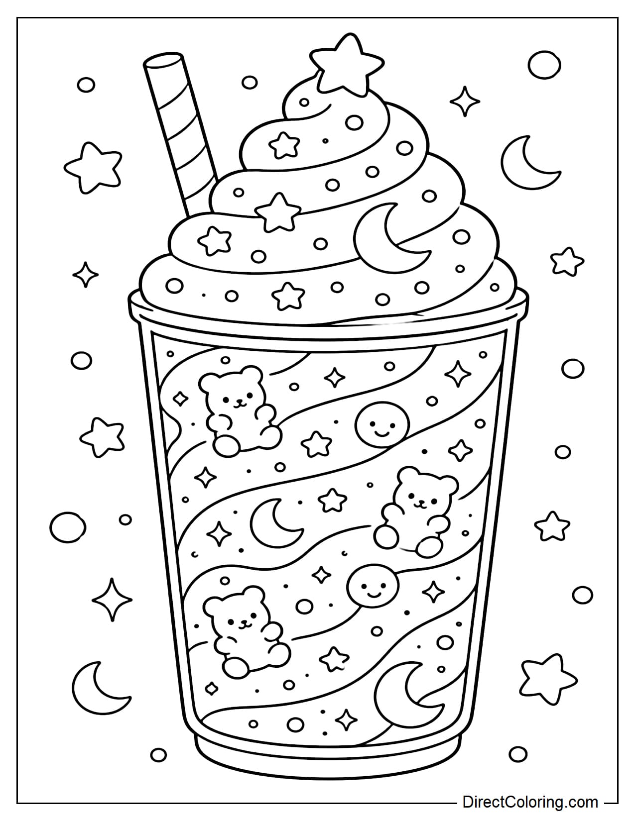 A multi-layered swirling smoothie cup inspired by the Milky Way with a round star, moon, and a large swirling cream topping. The smoothie layer contains small gummy bears and smiley faces.