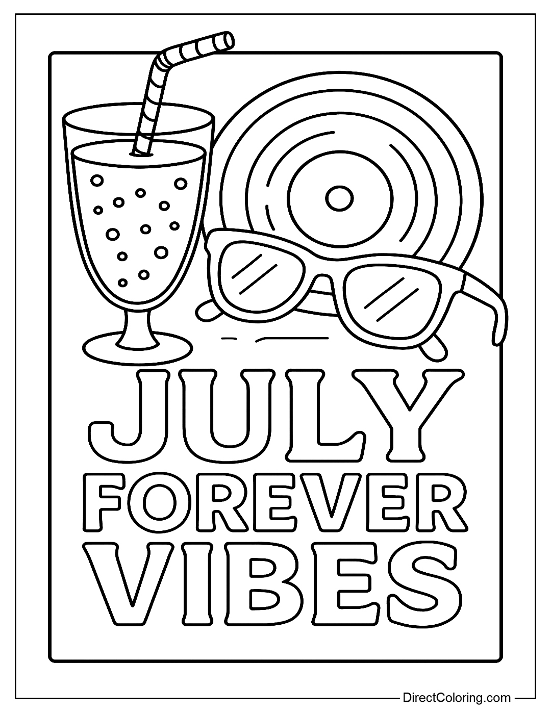 A coloring page featuring a retro poster featuring a soda, vinyl music, sunglasses, and the words 