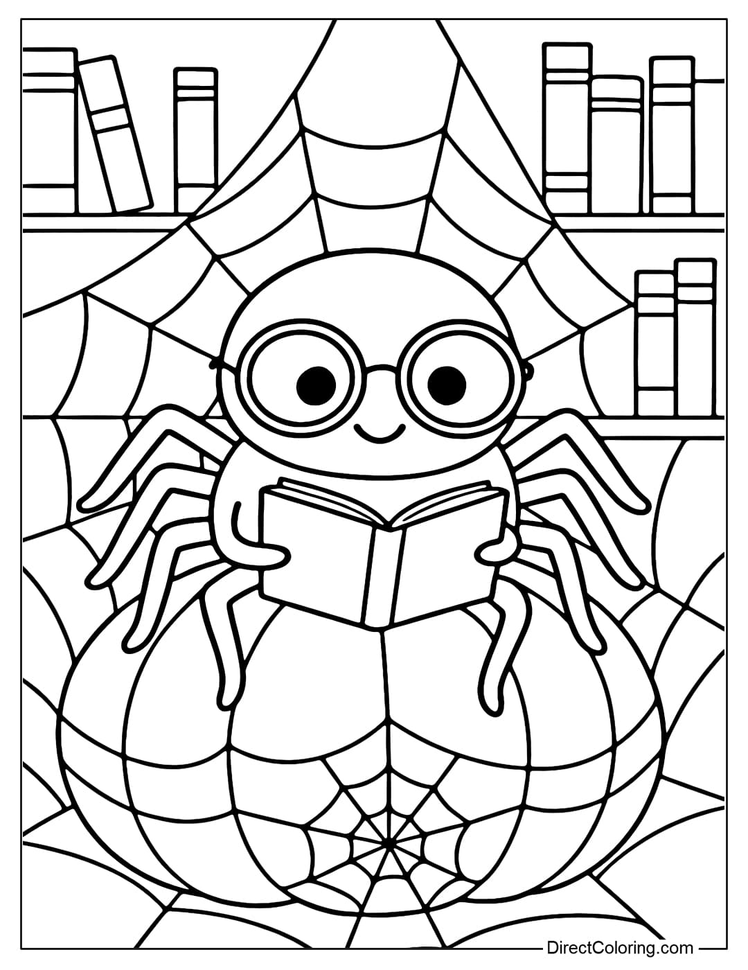 A spider coloring page wearing glasses, sitting and reading a book on a silk web like in a small library.