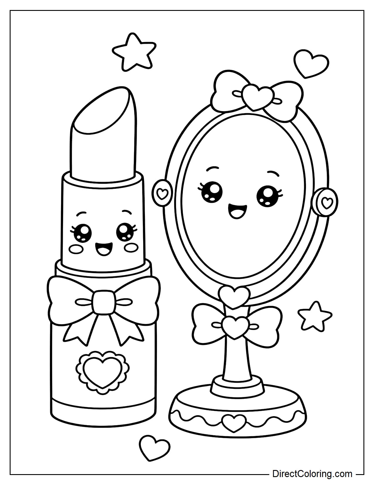 A lipstick and a mirror standing side by side with cute smiling faces, both decorated with small bows and surrounded by a few heart and star details.