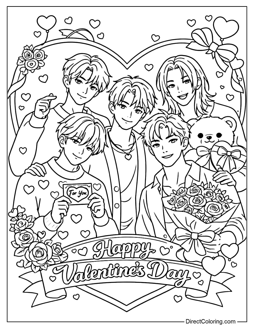 Coloring page of Saja Boys in a large heart-shaped frame, surrounded by flowers, teddy bears, and adorable Valentine's Day symbols.