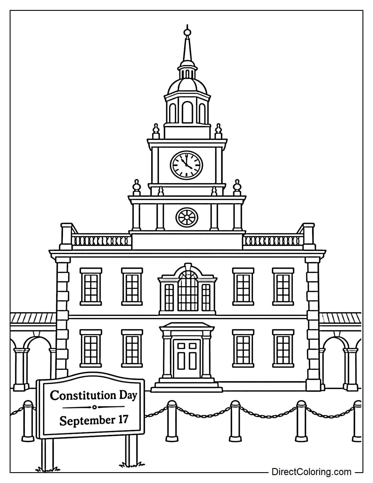 Independence Hall in Philadelphia with its distinctive clock tower, with a small sign in front reading 