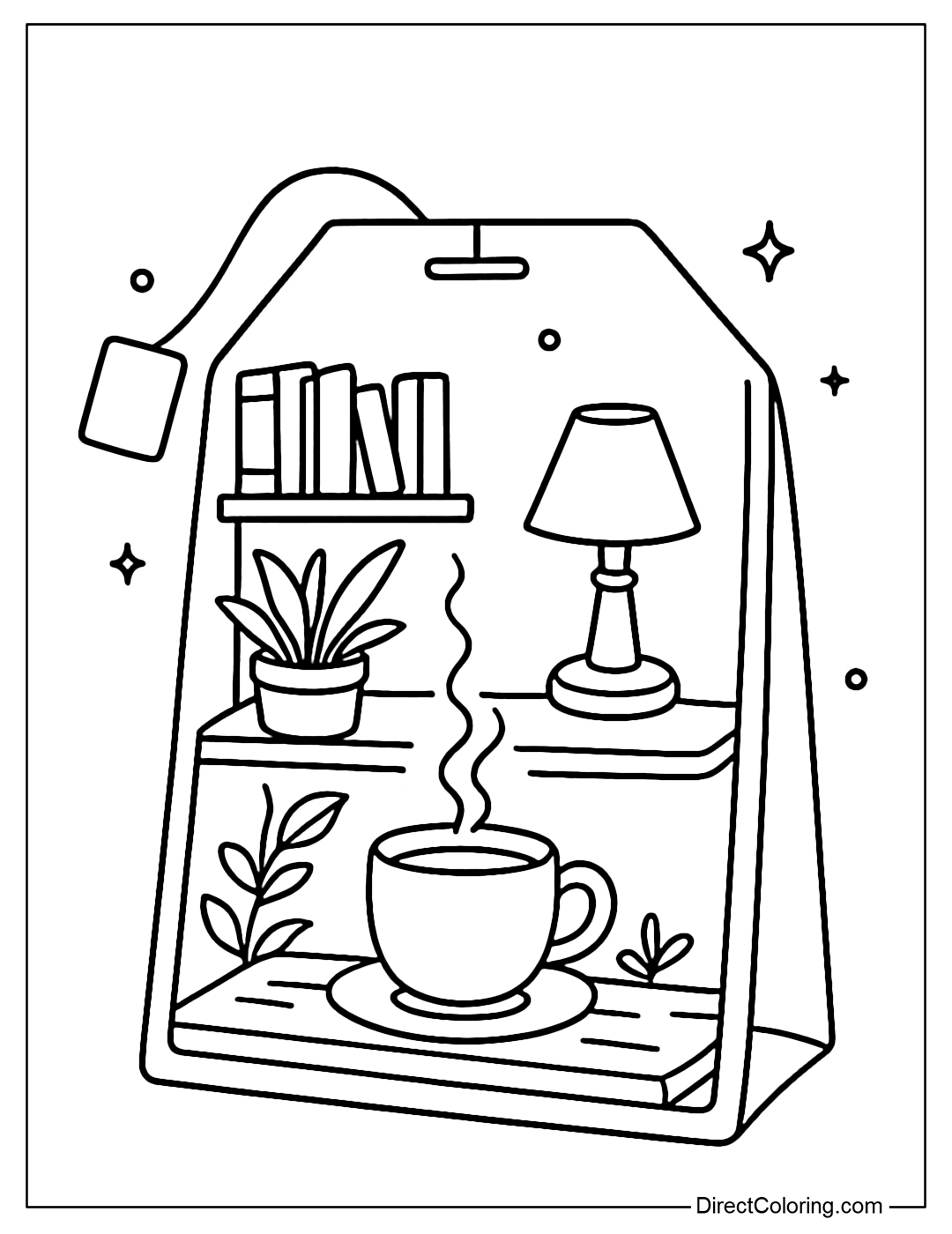 A tea bag coloring page with a small reading nook with a desk lamp, bookshelf, and steaming mug of tea.