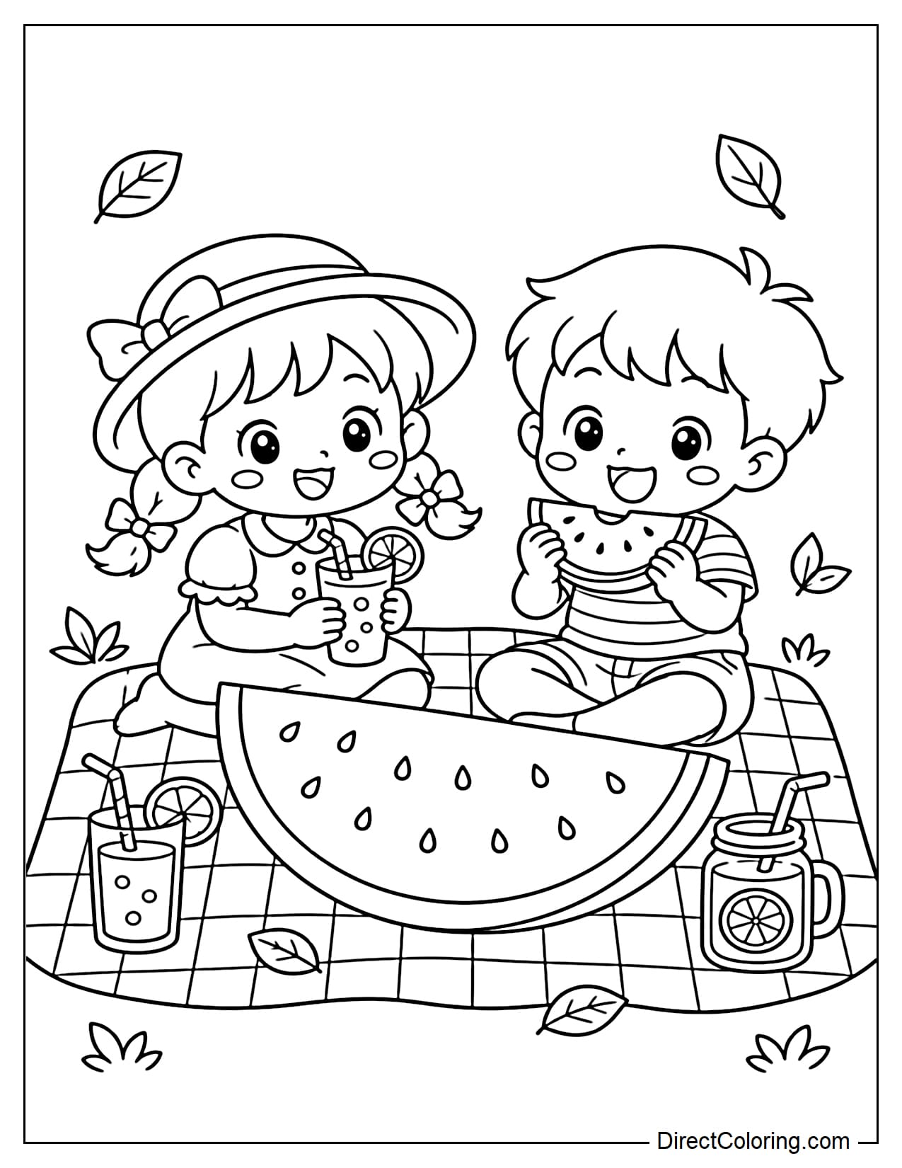 Two children are sitting on a picnic blanket next to a giant watermelon slice, with a glass of juice and some small leaves around them.