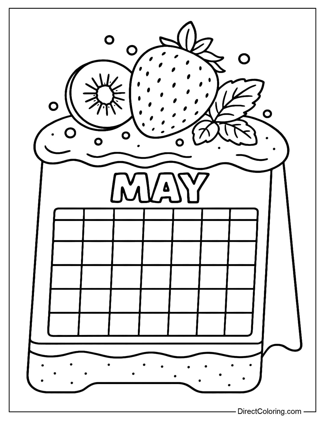 May calendar coloring page is a standee die-cut in the shape of a soft, fluffy strawberry shortcake; the calendar section is nestled within the cake layer like a large label. The top is subtly decorated: large strawberries, kiwi slices, mint leaves, and a few sugar candy dots.