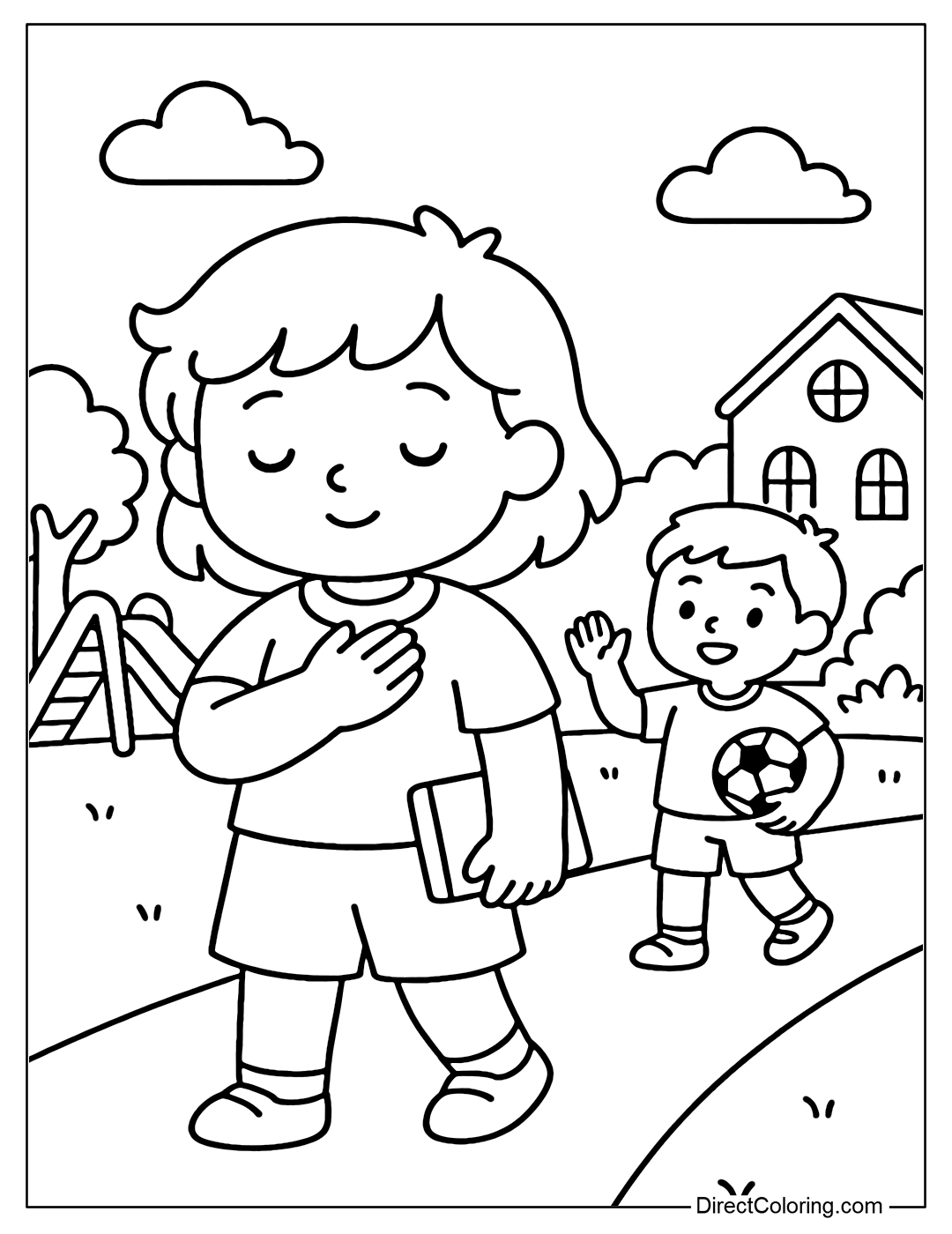 Coloring Page A little boy gently refuses when his friend asks him to play a game he doesn't like. His hands are placed in front of his chest, his face is gentle, the scene is a playground near the school.