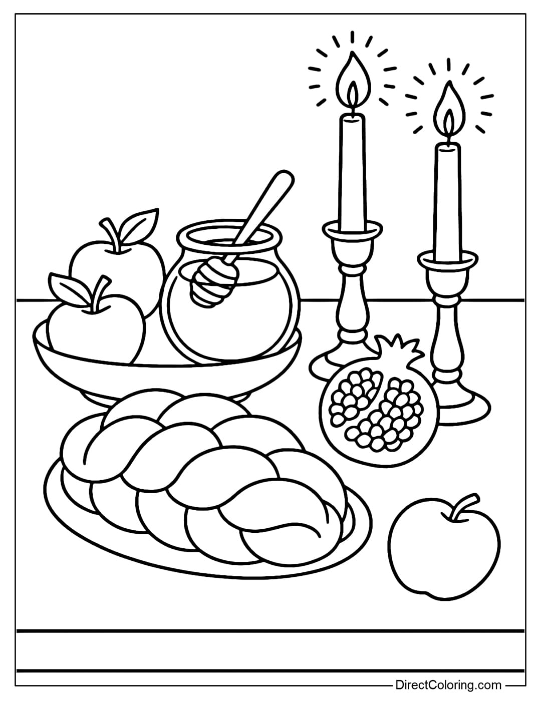 Coloring page of a festive table full of apples, honey, pomegranates, challah, sparkling candles, warm atmosphere.