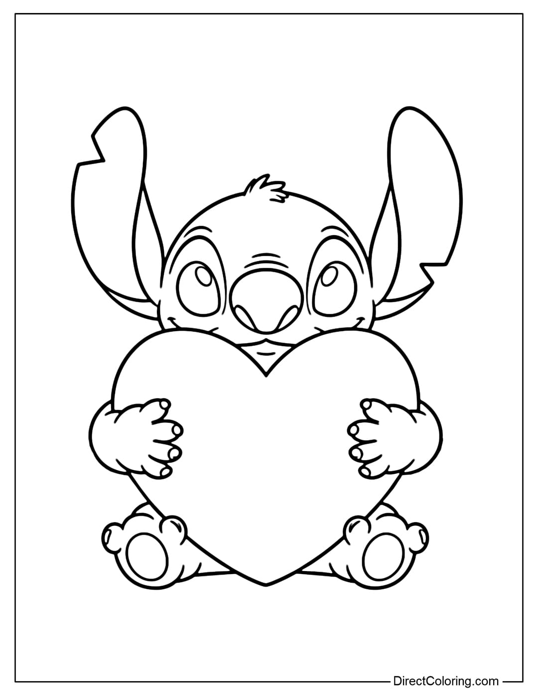 This coloring page shows Stitch sitting with his hands holding a large, rounded heart, with an adorable expression, and a large coloring area.