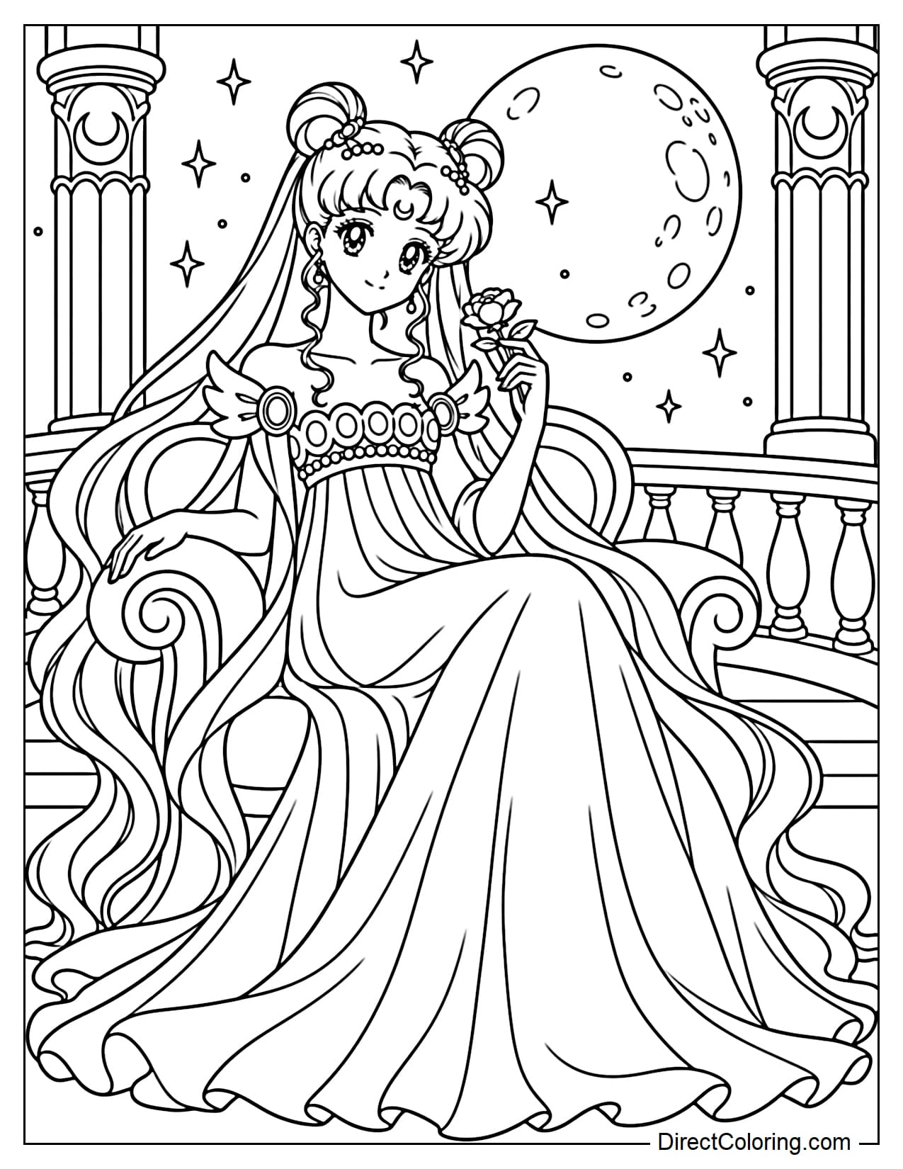 Princess Serenity, the princess form of Usagi Tsukino, sits gracefully on a chair on the balcony of the Moon Palace. She holds a small flower in one hand while resting her other hand on the armrest. Behind her are two palace columns, a balcony railing, and a large moon.
