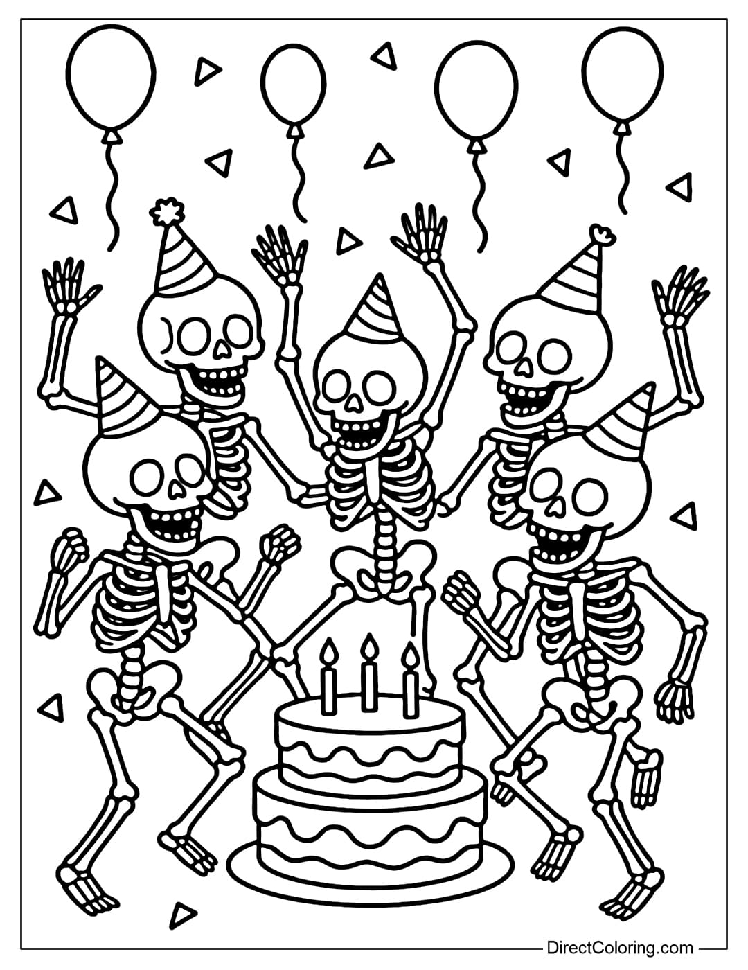 Coloring page of a group of skeletons wearing birthday hats, dancing around the cake, a fun atmosphere.