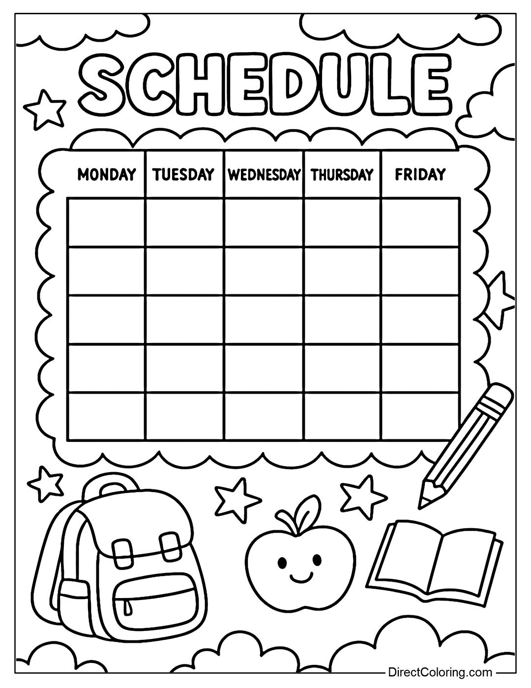 Cute schedule coloring page for students from Monday to Friday, with backpacks, pencils, books and apples.