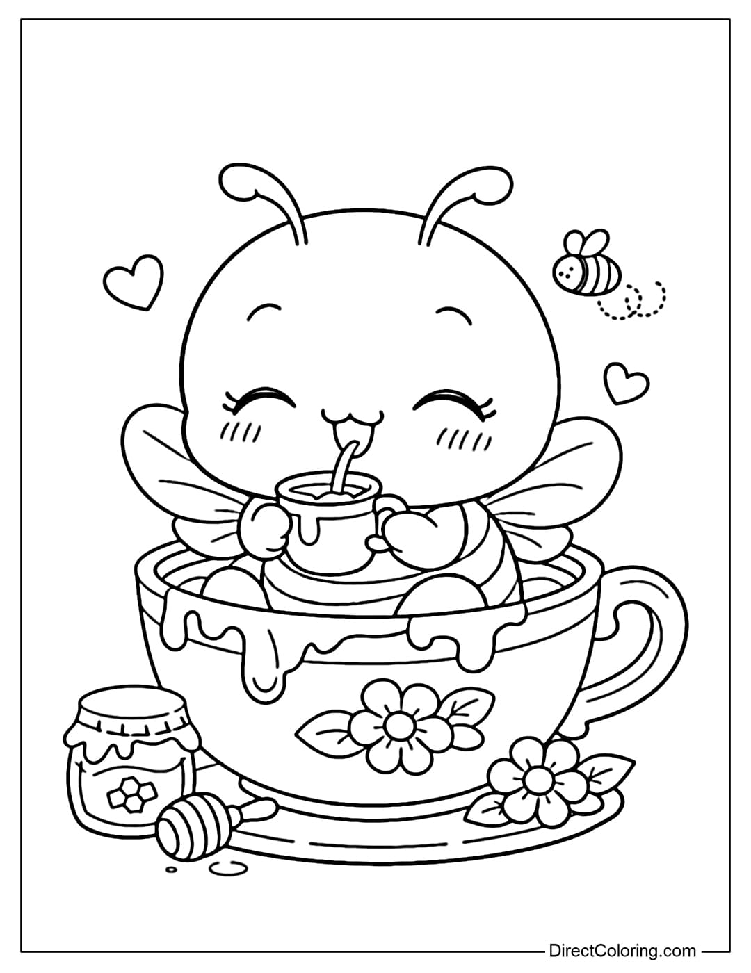 A coloring page of a chibi bee drinking honey tea from a small cup, with a cheerful and adorable face.