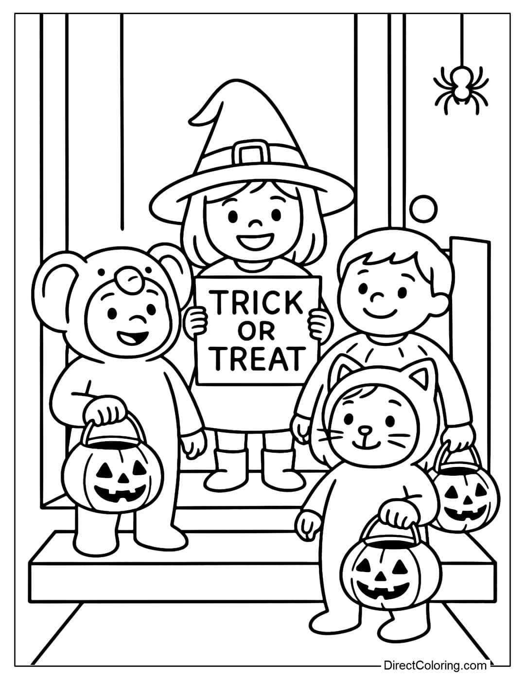 Coloring page of cute kids in costumes, knocking on doors to ask for candy 