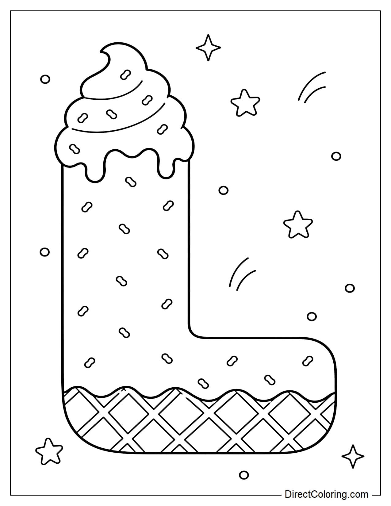 A large, soft-serve letter L made from soft-serve ice cream, with a light, melting cream topping. The entire letter is sprinkled with tiny sprinkles, and the base has a waffle texture. It's surrounded by tiny stars and dots.