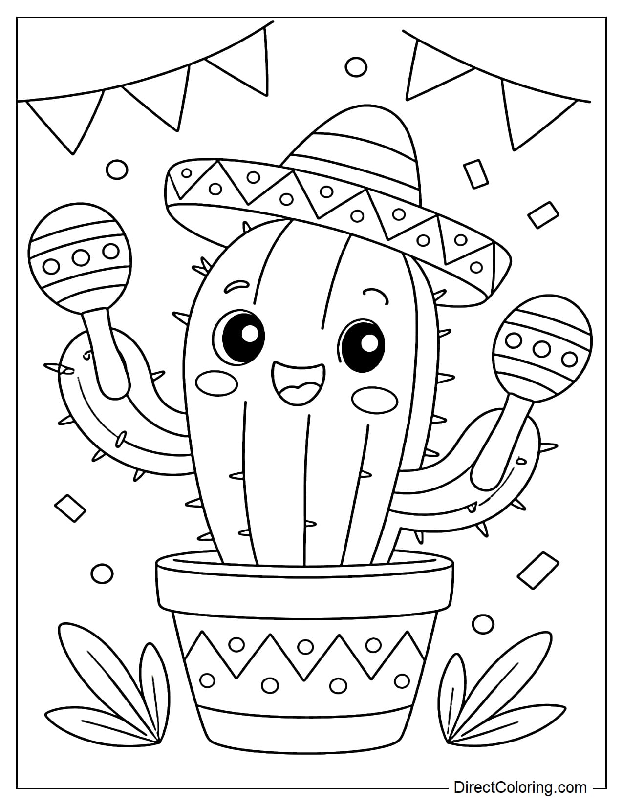 A cute cactus is wearing a sombrero hat and playing maracas. The cactus has an adorable face with big, round eyes.