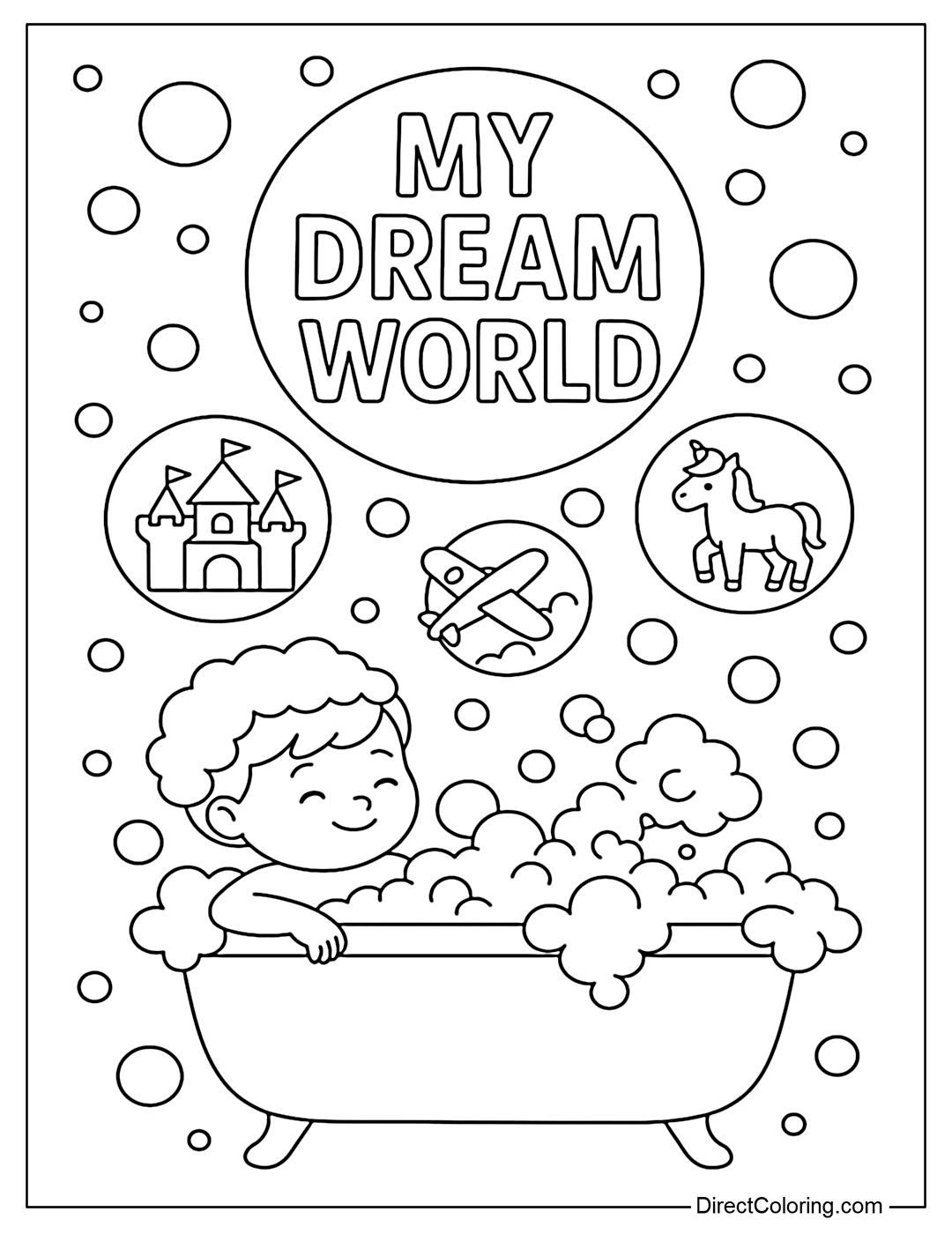 Baby bath coloring page, bubbles floating in the shape of dreams and the words 