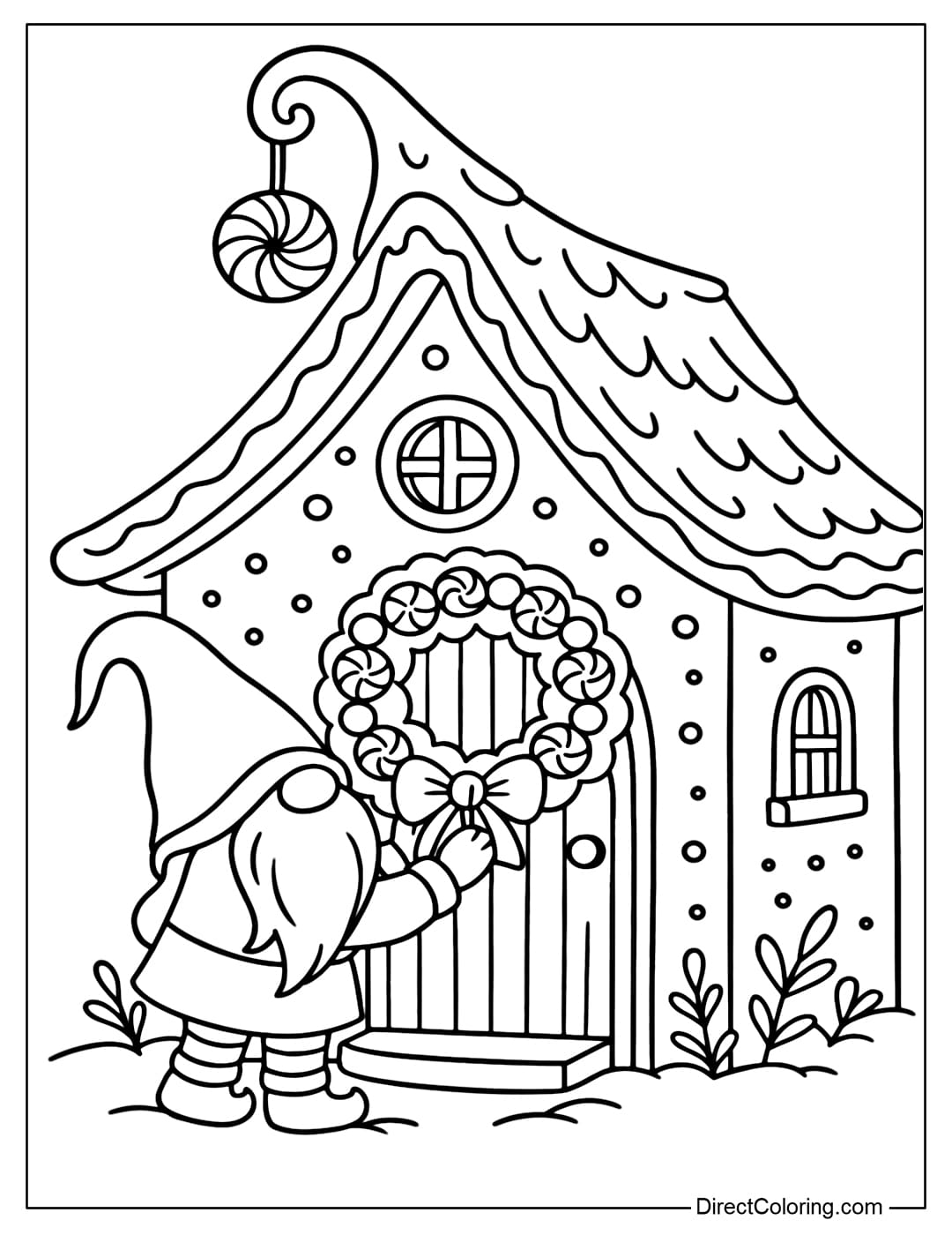 Gingerbread house coloring page with curved roof, with gnome decorating candy wreath at the door.