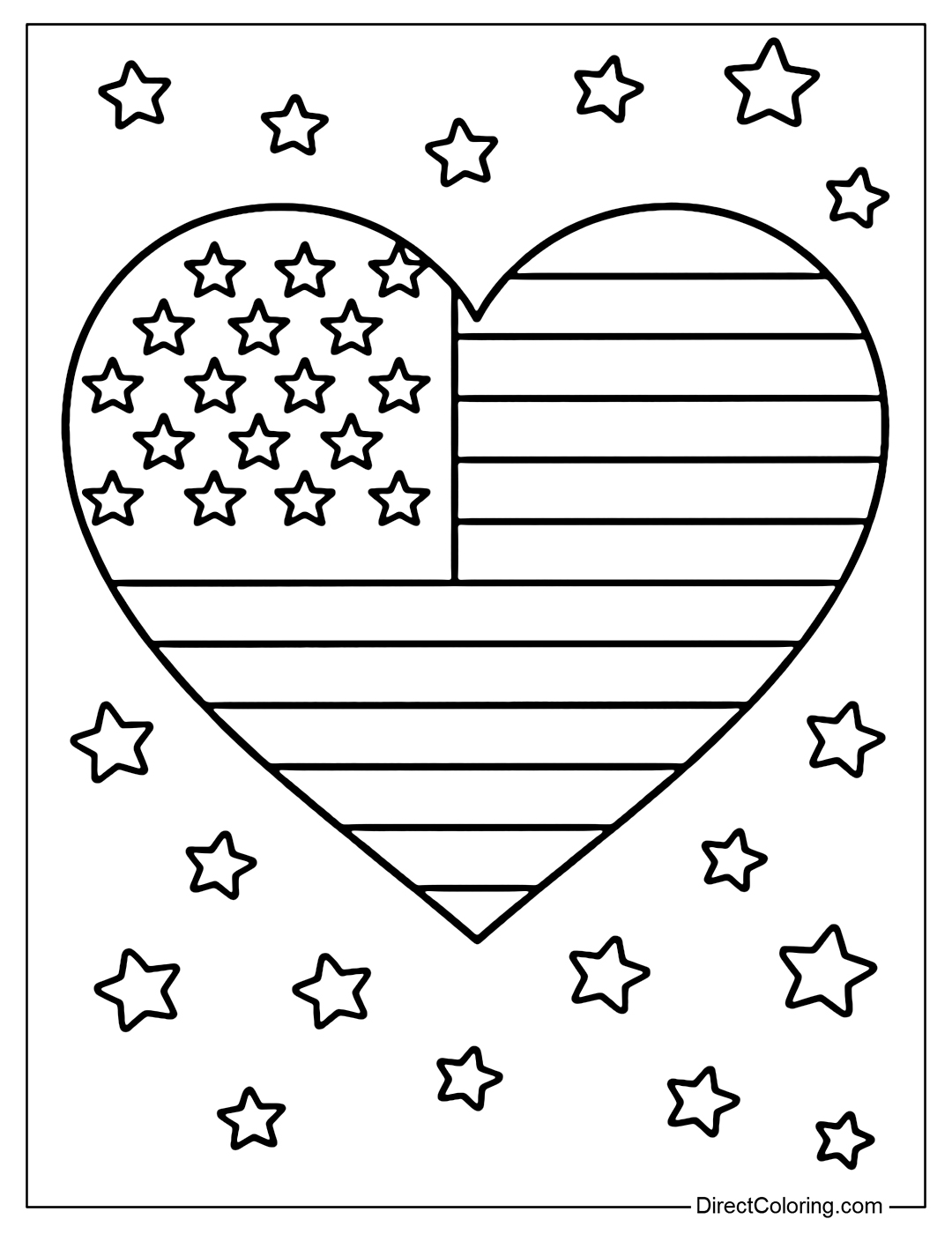 A large heart coloring page with an American flag pattern inside, bordered by cute little stars.