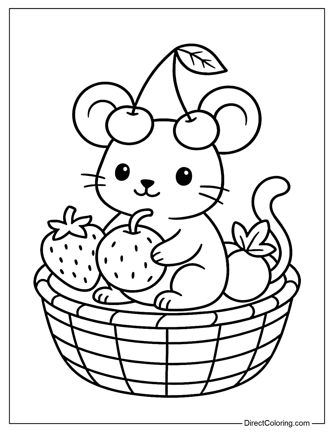 A pink baby mouse with red cherry ears sitting in a fruit basket with strawberries, oranges and grapes.