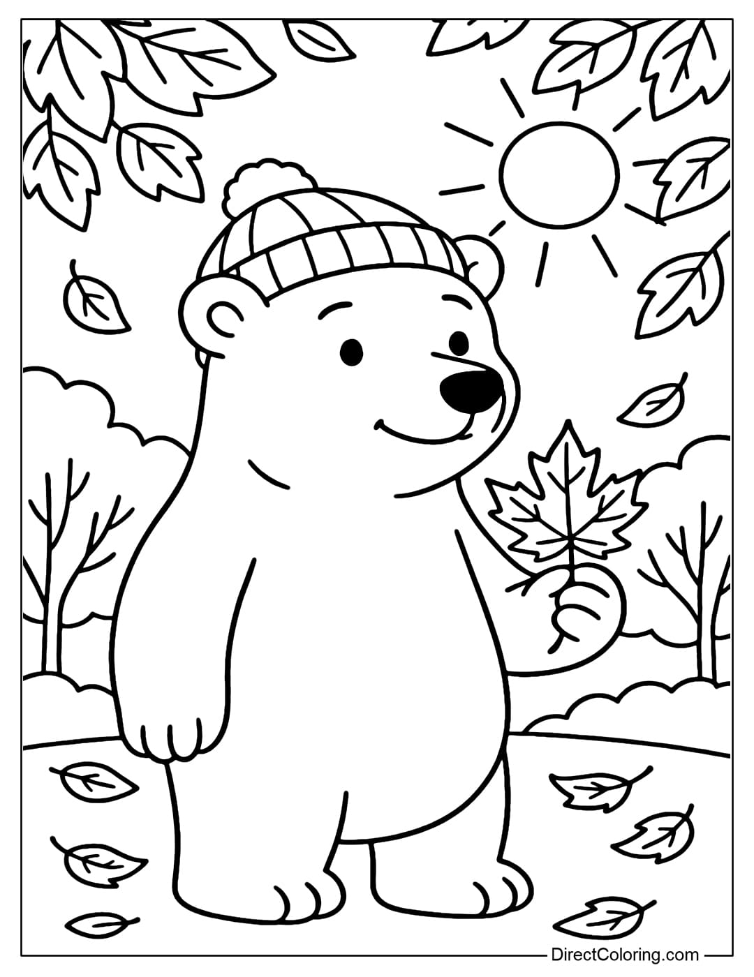 Coloring page of a polar bear in a yellow leaf forest, wearing a light woolen hat, holding a falling maple leaf.