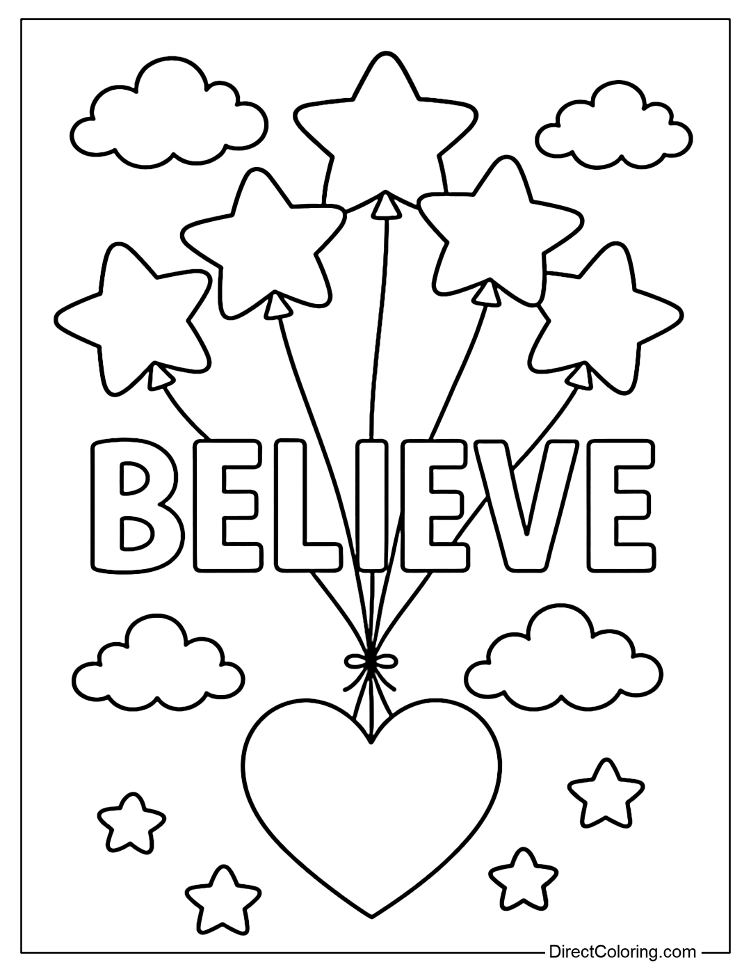 Coloring page of the word Believe floating in the air, supported by a cluster of star-shaped balloons.