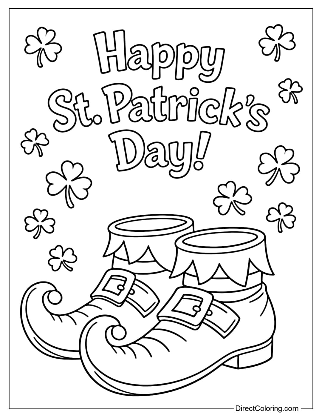 A coloring page for the blue Leprechaun shoes below the words 