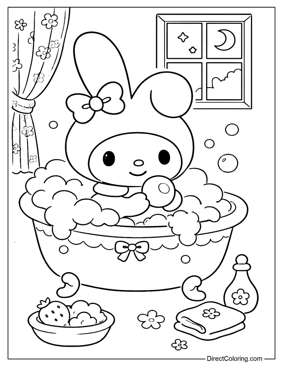 A coloring page showing My Melody taking a bubble bath, in a warm and relaxing bathroom setting.