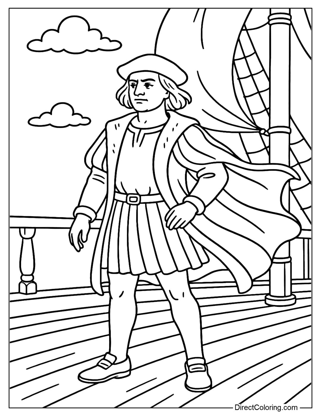 Coloring page of Columbus standing on the deck of the Santa Maria with his cape blowing in the wind.